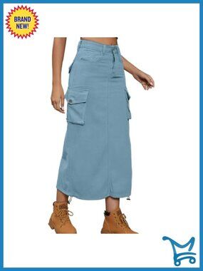 Cargo Denim Skirt Adjustable A-Line Midi Long Cotton Blend Jean Skirt